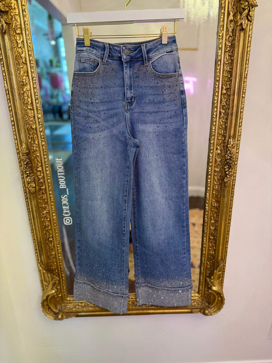 High Rise Embellished Cuffed Wide Leg Jeans