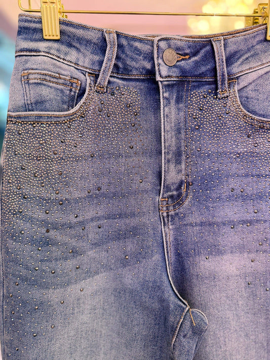High Rise Embellished Cuffed Wide Leg Jeans