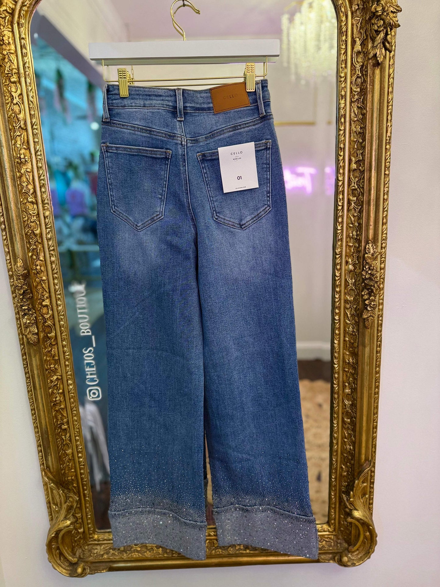 High Rise Embellished Cuffed Wide Leg Jeans