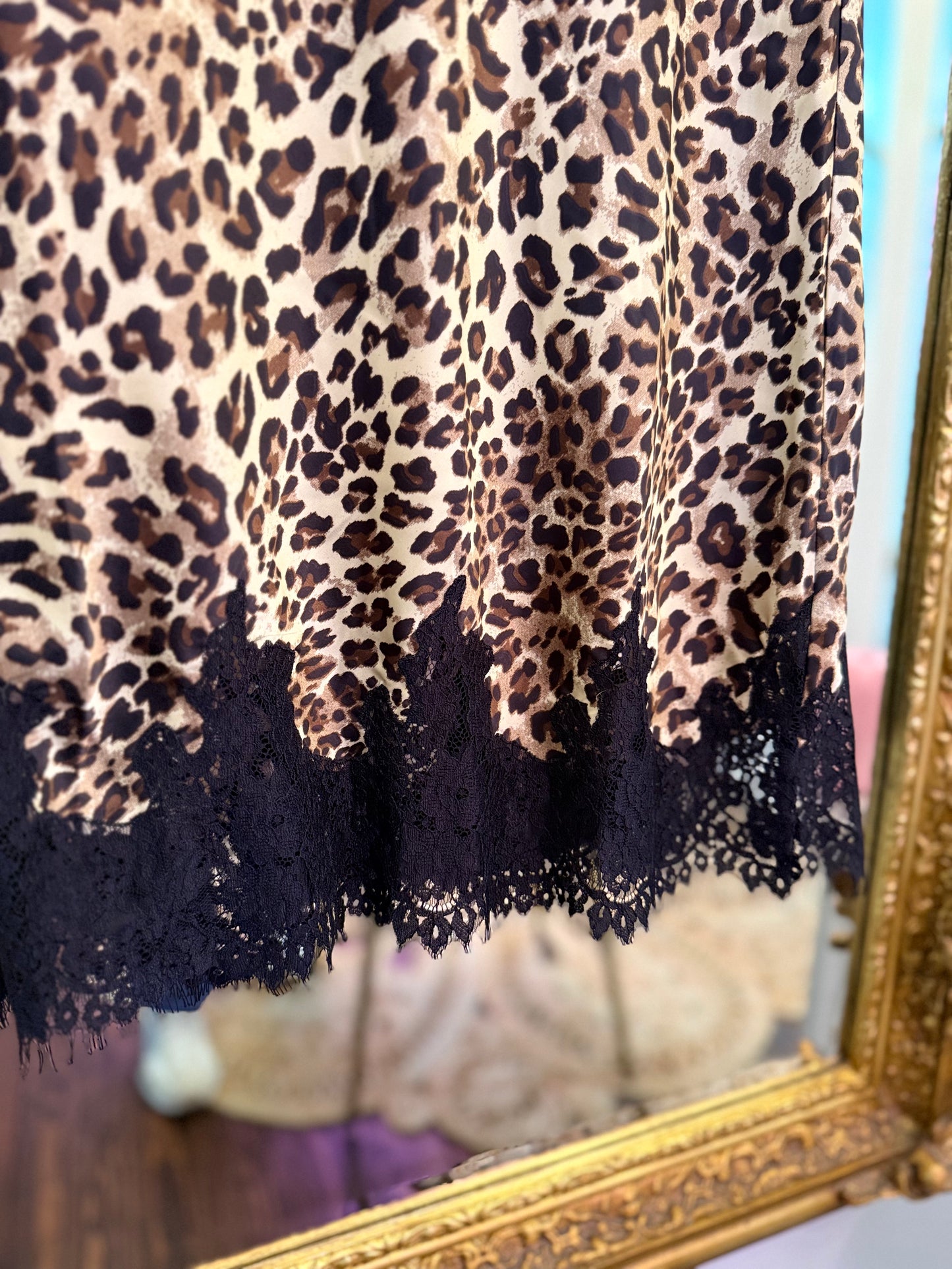 Leopard Lace Hem Satin Midi Skirt