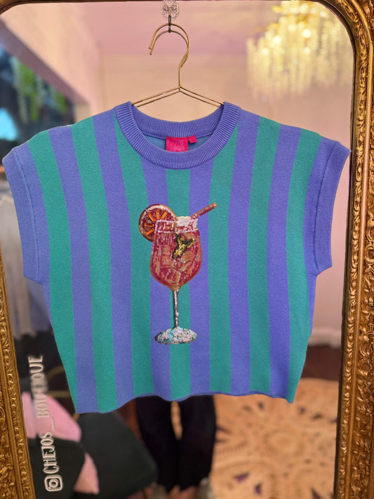Blue & Teal Striped Cocktail Knit Top | Queen of Sparkles