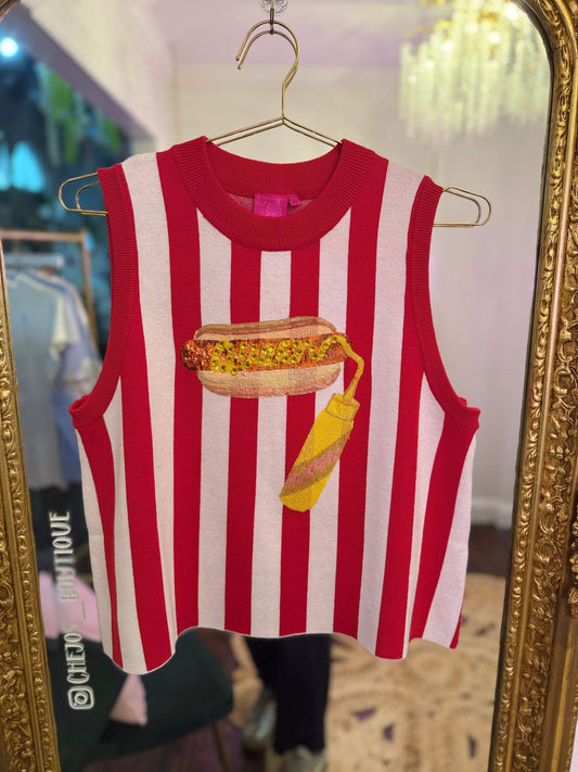 Red & White Striped 'Queen' Mustard On Hot Dog Knit Tank | QUEEN OF SPARKLES