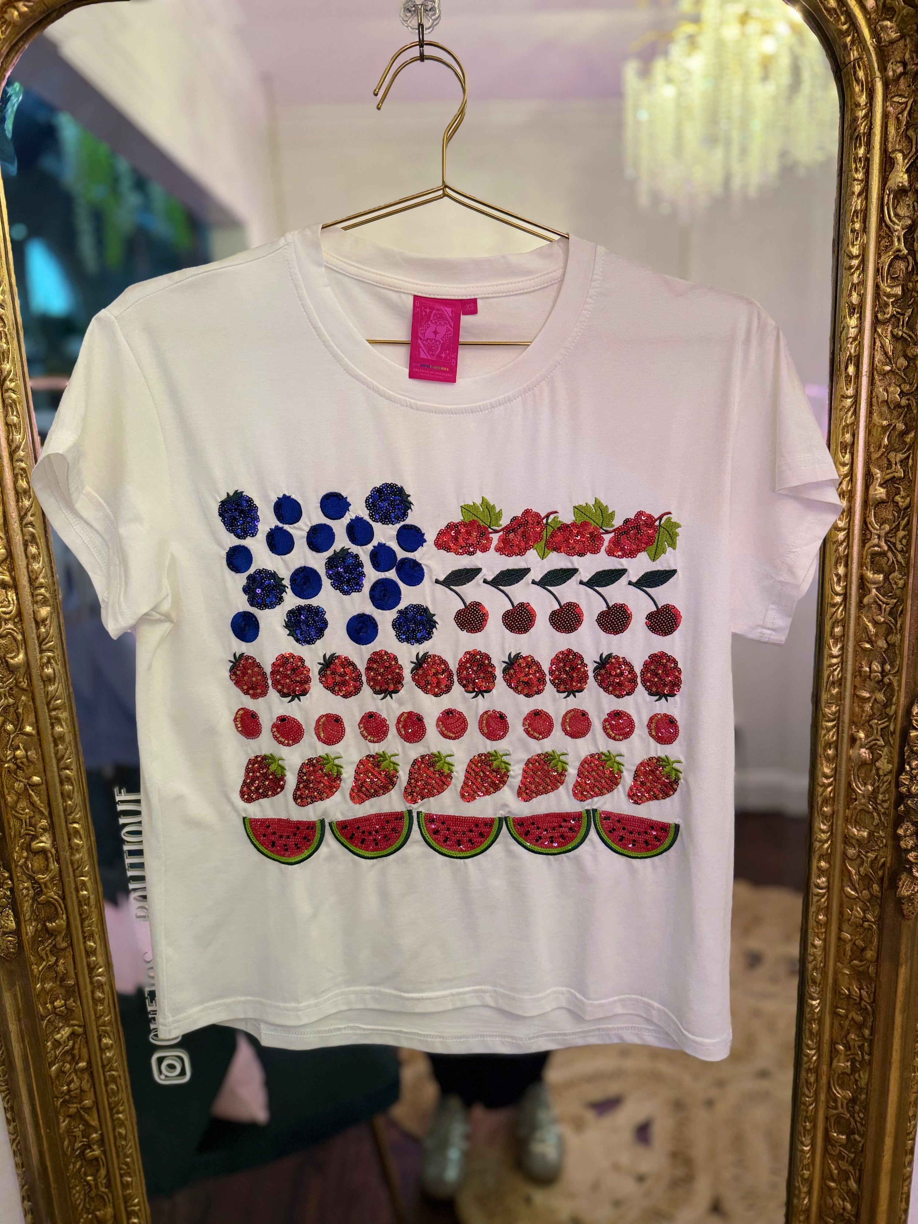White Fruit USA Flag Tee | Queen of Sparkles