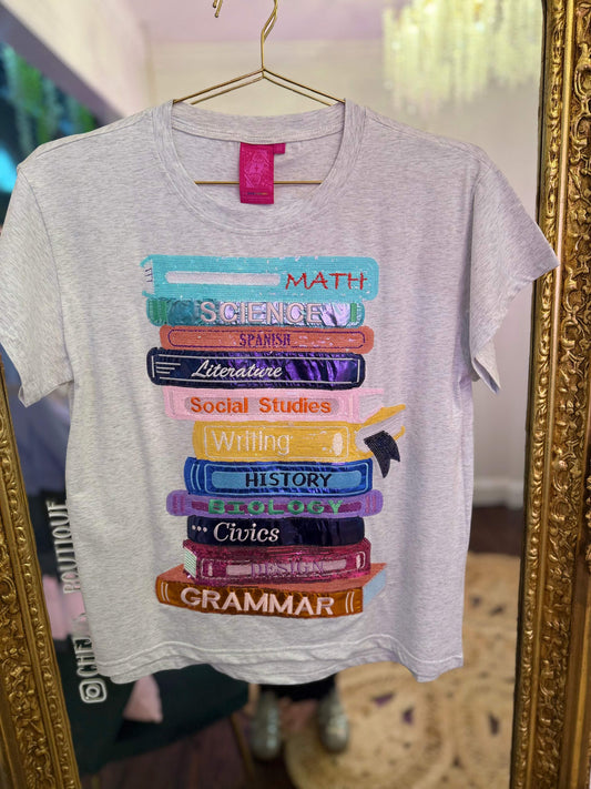 Grey School Books Tee | Queen of Sparkles