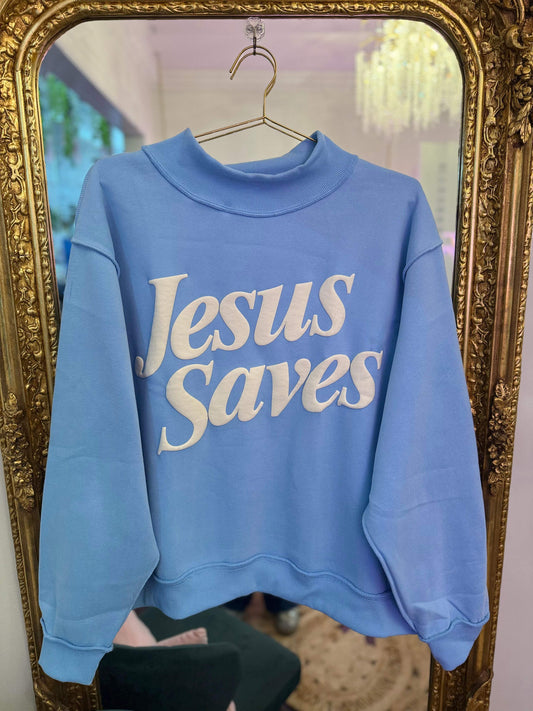 Jesus Saves Puffy Mock Neck Sweatshirt