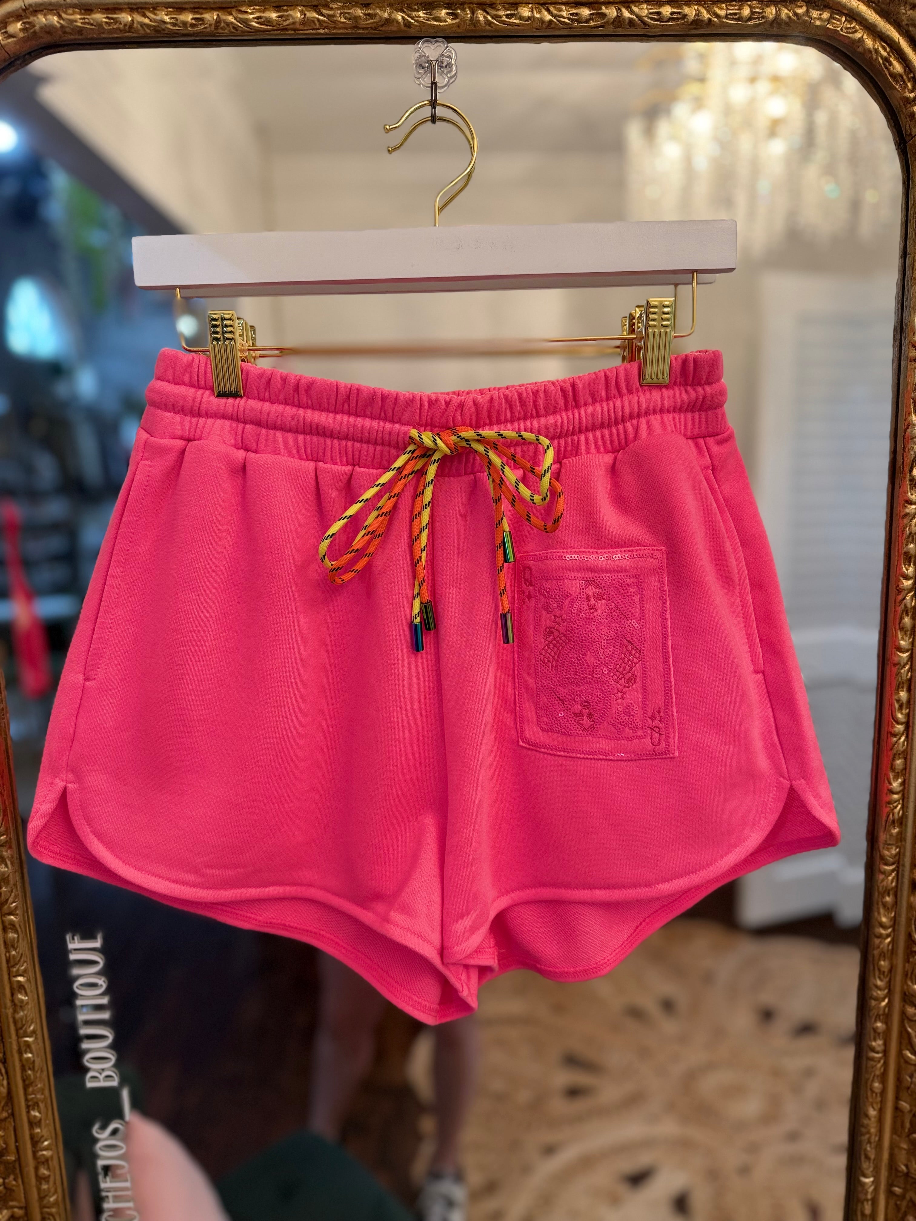 Neon Pink QOS Card Logo Draw String Short | Queen of Sparkles