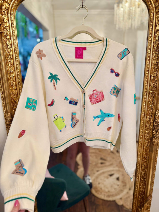 Ivory Travel Icon Button Up Cardigan | Queen of Sparkles