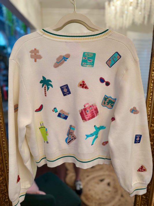 Ivory Travel Icon Button Up Cardigan | Queen of Sparkles