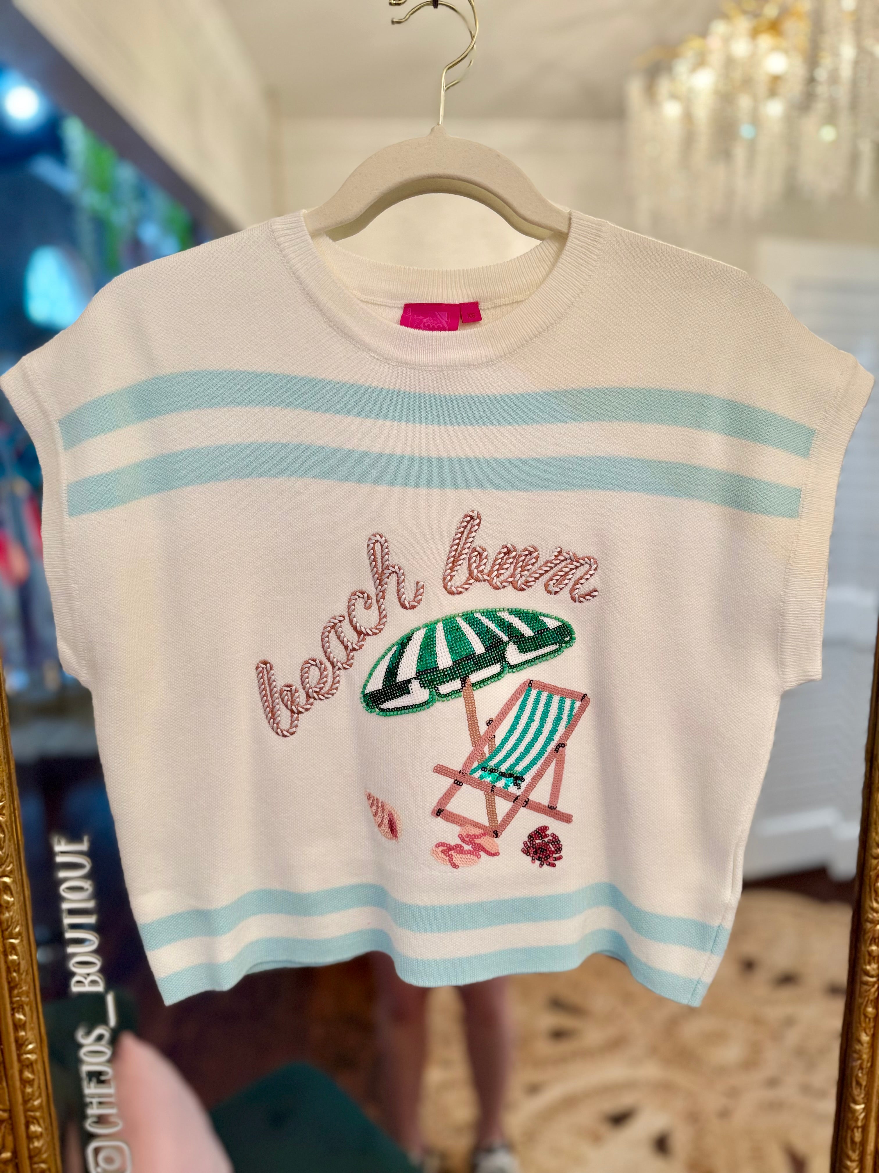 Ivory & Light Blue "Beach Bum" Umbrella & Chair Top | Queen of Sparkles