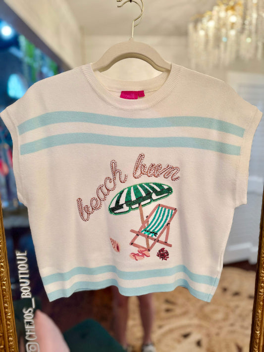 Ivory & Light Blue "Beach Bum" Umbrella & Chair Top | Queen of Sparkles