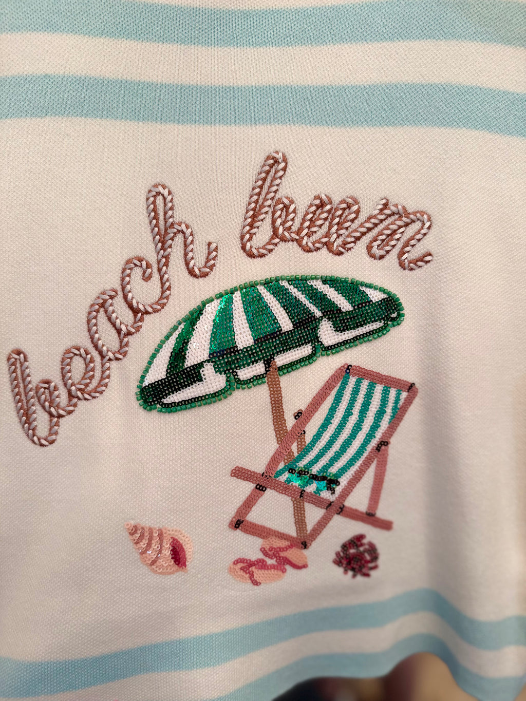 Ivory & Light Blue "Beach Bum" Umbrella & Chair Top | Queen of Sparkles