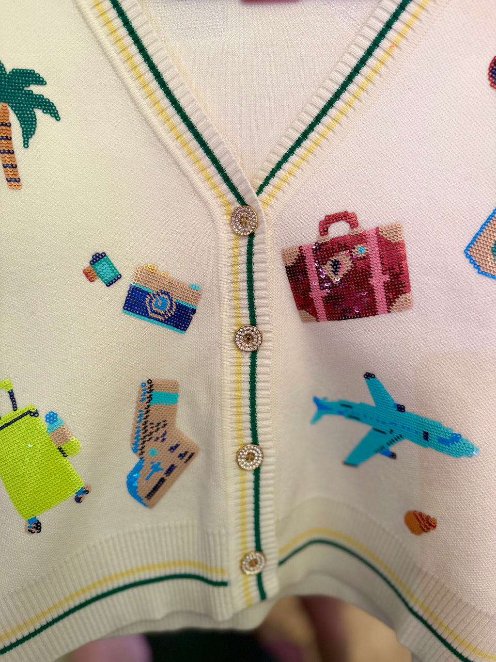 Ivory Travel Icon Button Up Cardigan | Queen of Sparkles