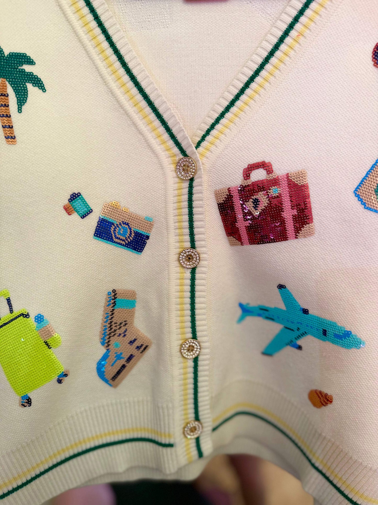 Ivory Travel Icon Button Up Cardigan | Queen of Sparkles
