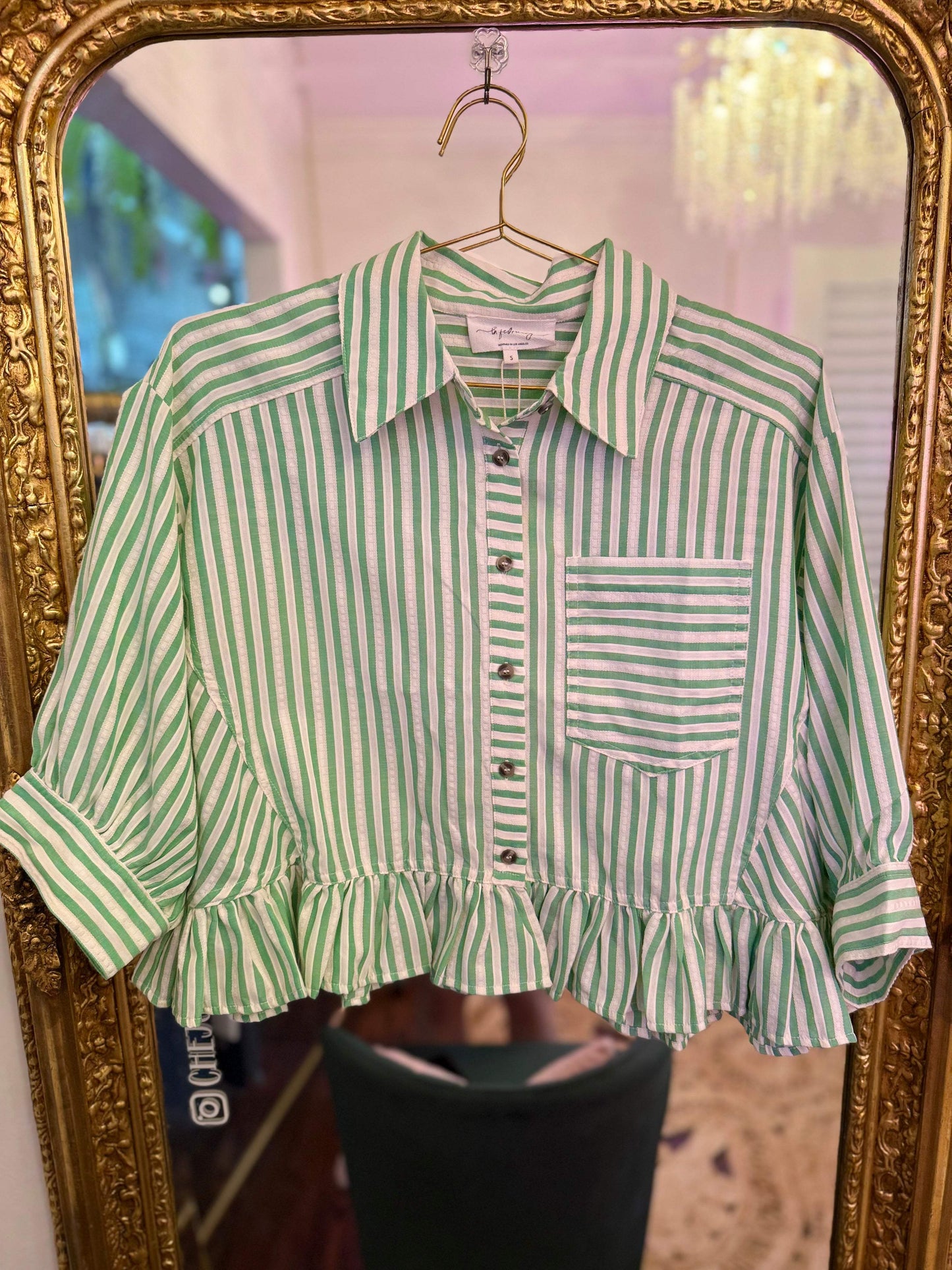 Clover Charm Stripe Ruffle Button-Down Top