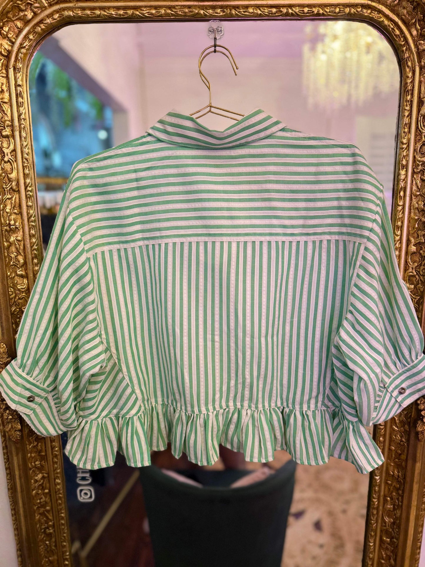 Clover Charm Stripe Ruffle Button-Down Top