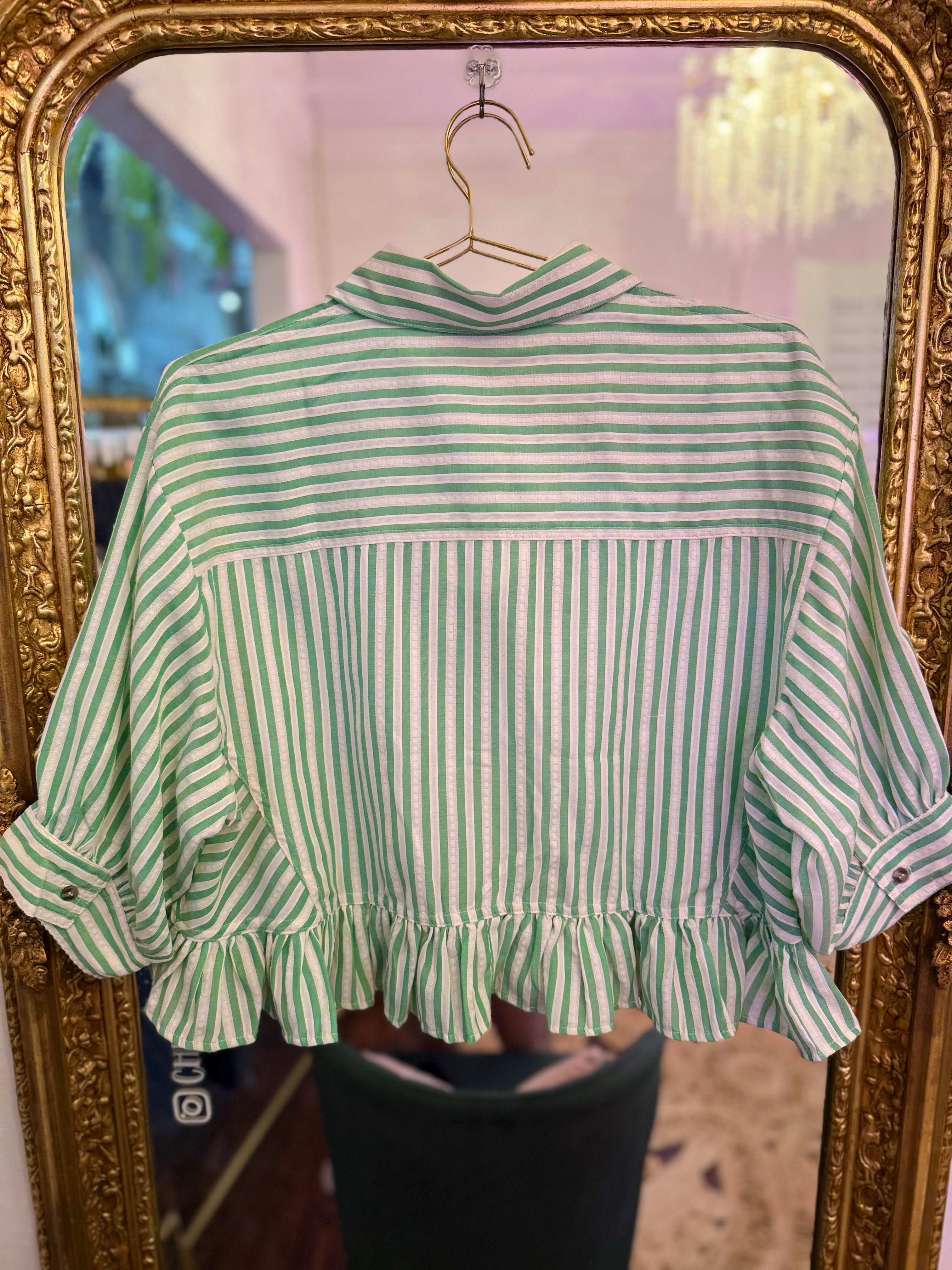 Clover Charm Stripe Ruffle Button-Down Top