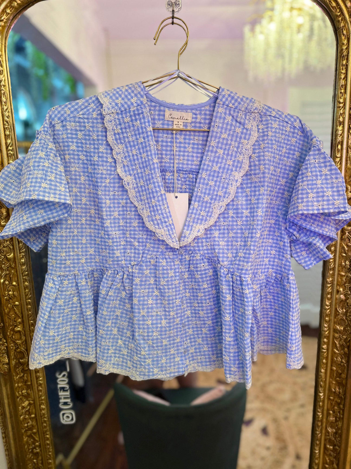 Josie Gingham Embroidered Peplum Blouse