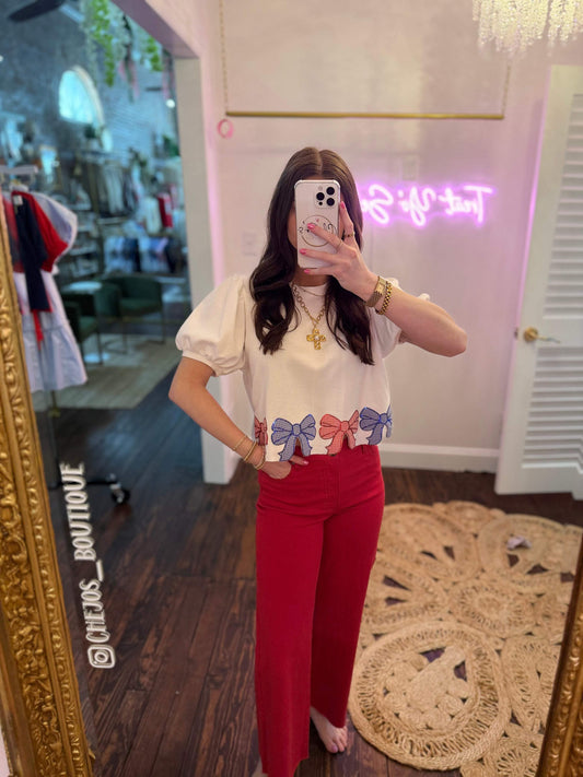 Gingham Bow Embroidered Crop Top
