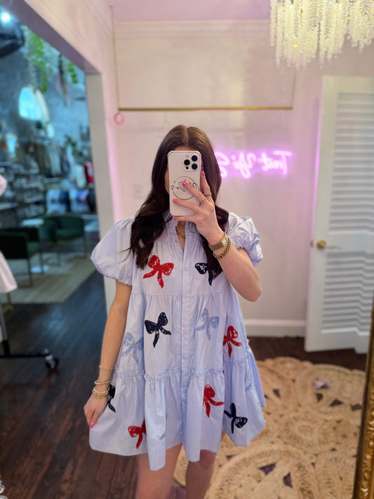 Embroidered Lace Bow Poplin Mini Dress