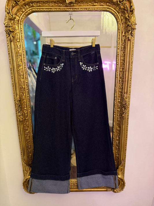 Juni Wide Leg Cuffed Rhinestone Jeans