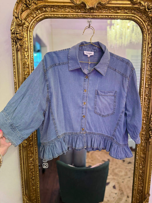 Rosalie Ruffled Hem Button Down Denim Top