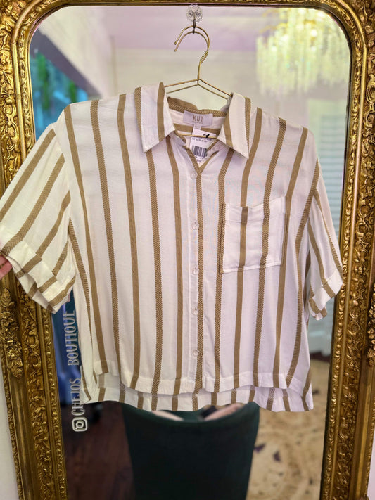 Aida Short Sleeve Pleated Top - Golden off White | Kut from the Kloth