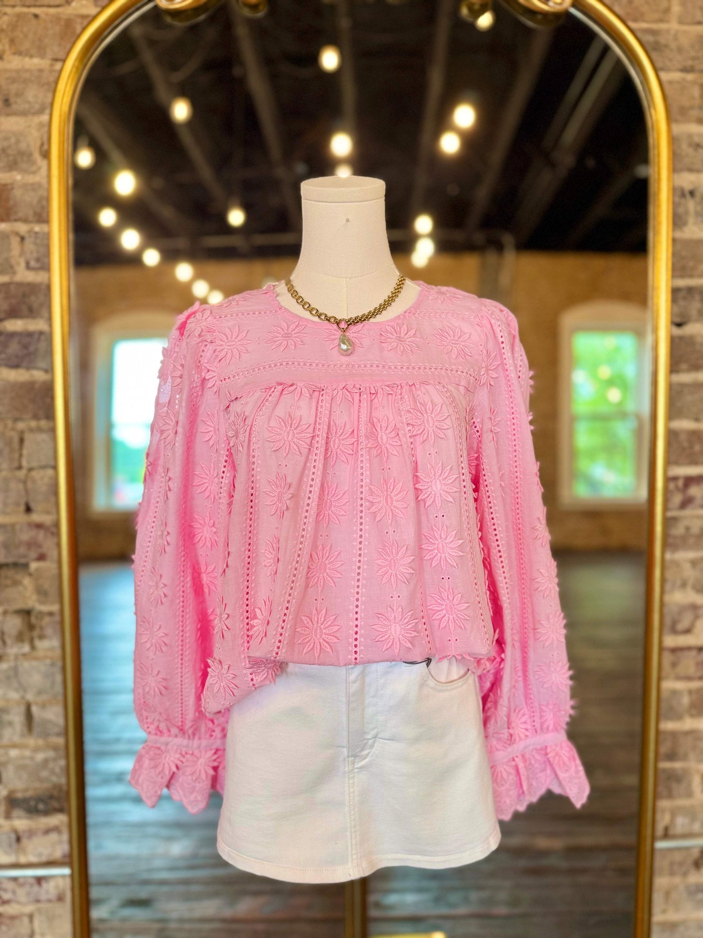 Raised Floral-Motif Long Sleeve Blouse
