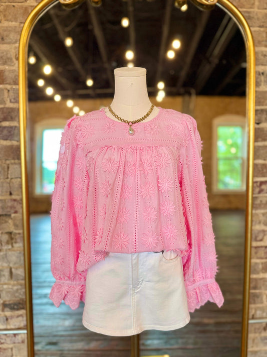 Raised Floral-Motif Long Sleeve Blouse