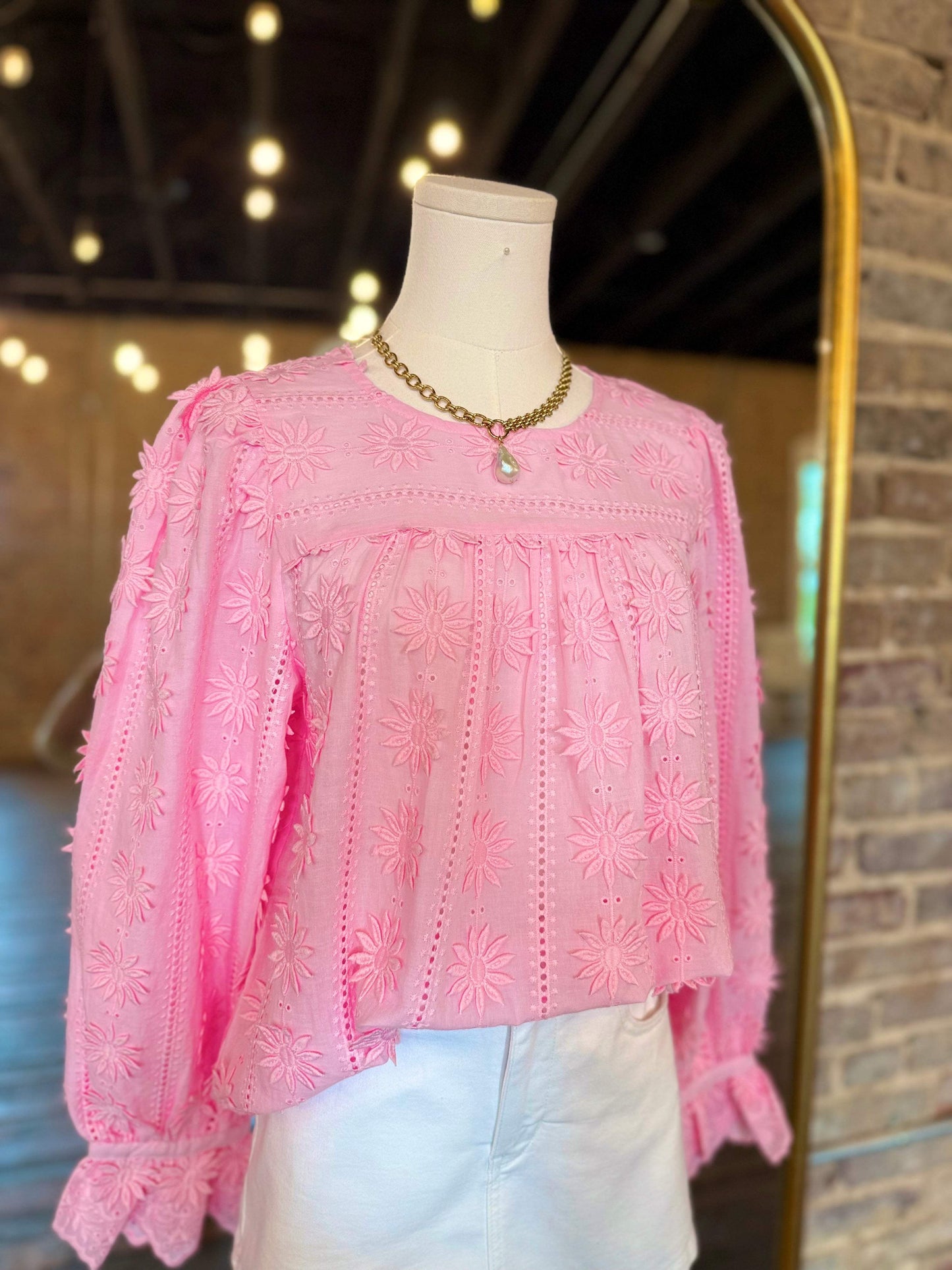 Raised Floral-Motif Long Sleeve Blouse