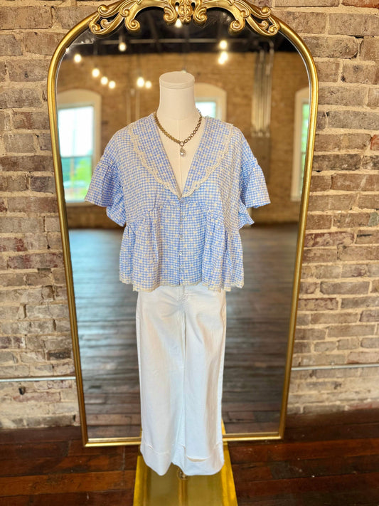 Josie Gingham Embroidered Peplum Blouse
