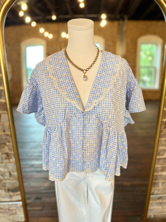 Josie Gingham Embroidered Peplum Blouse