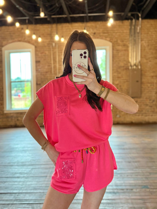 Neon Pink QOS Card Logo Draw String Short | Queen of Sparkles