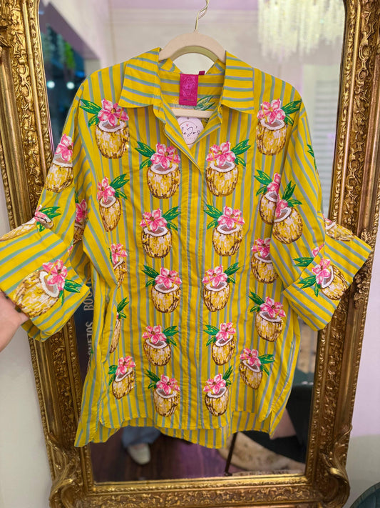 Yellow Striped Coconut Drink Button Up Cotton Tunic | Queen of Sparkles