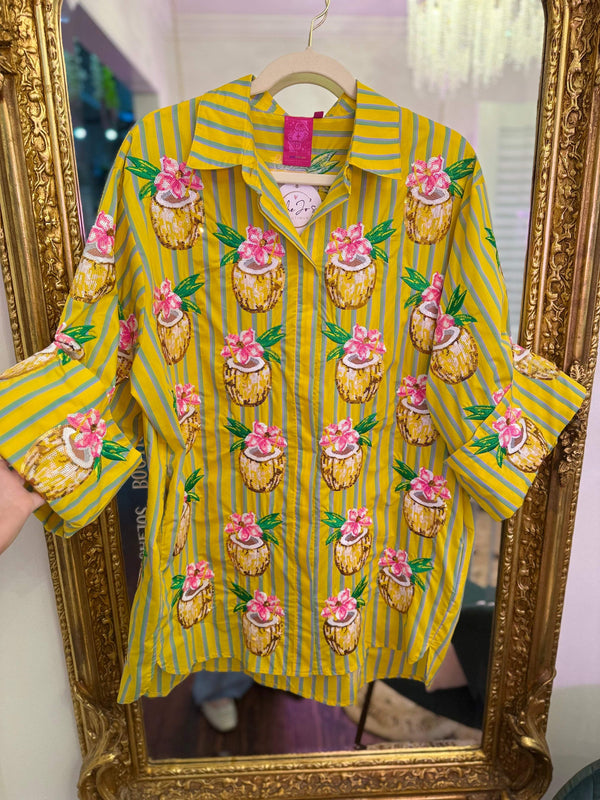Yellow Striped Coconut Drink Button Up Cotton Tunic | Queen of Sparkles
