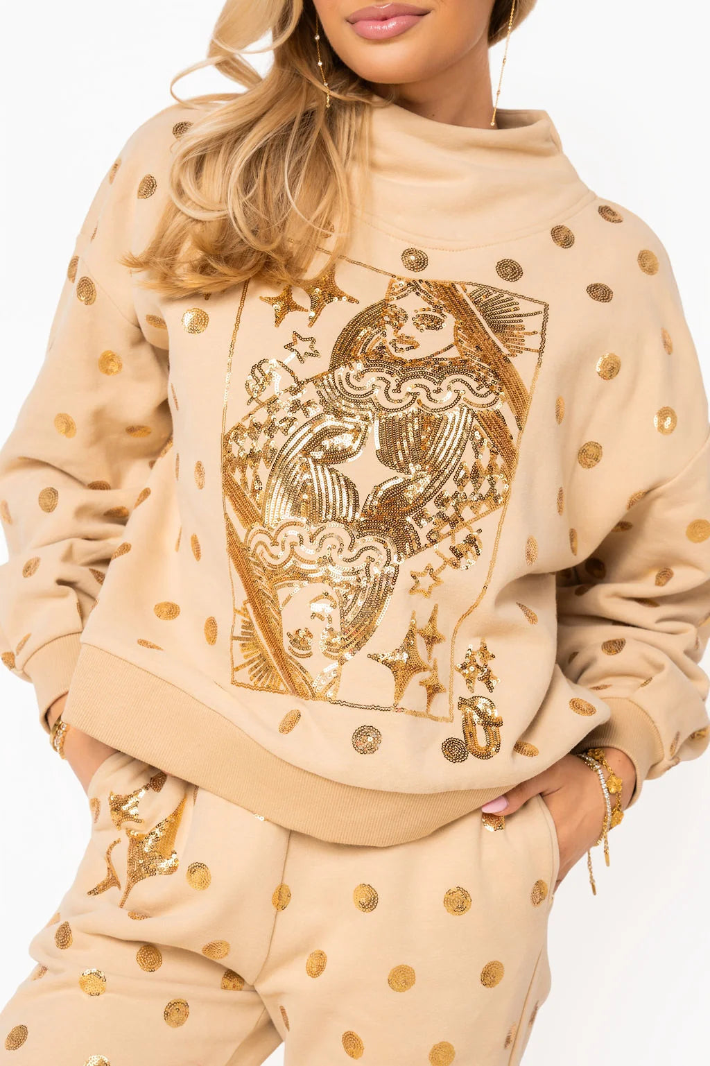 Tan & Gold Polka Dot QOS Card Mock Neck Sweatshirt | Queen of Sparkles