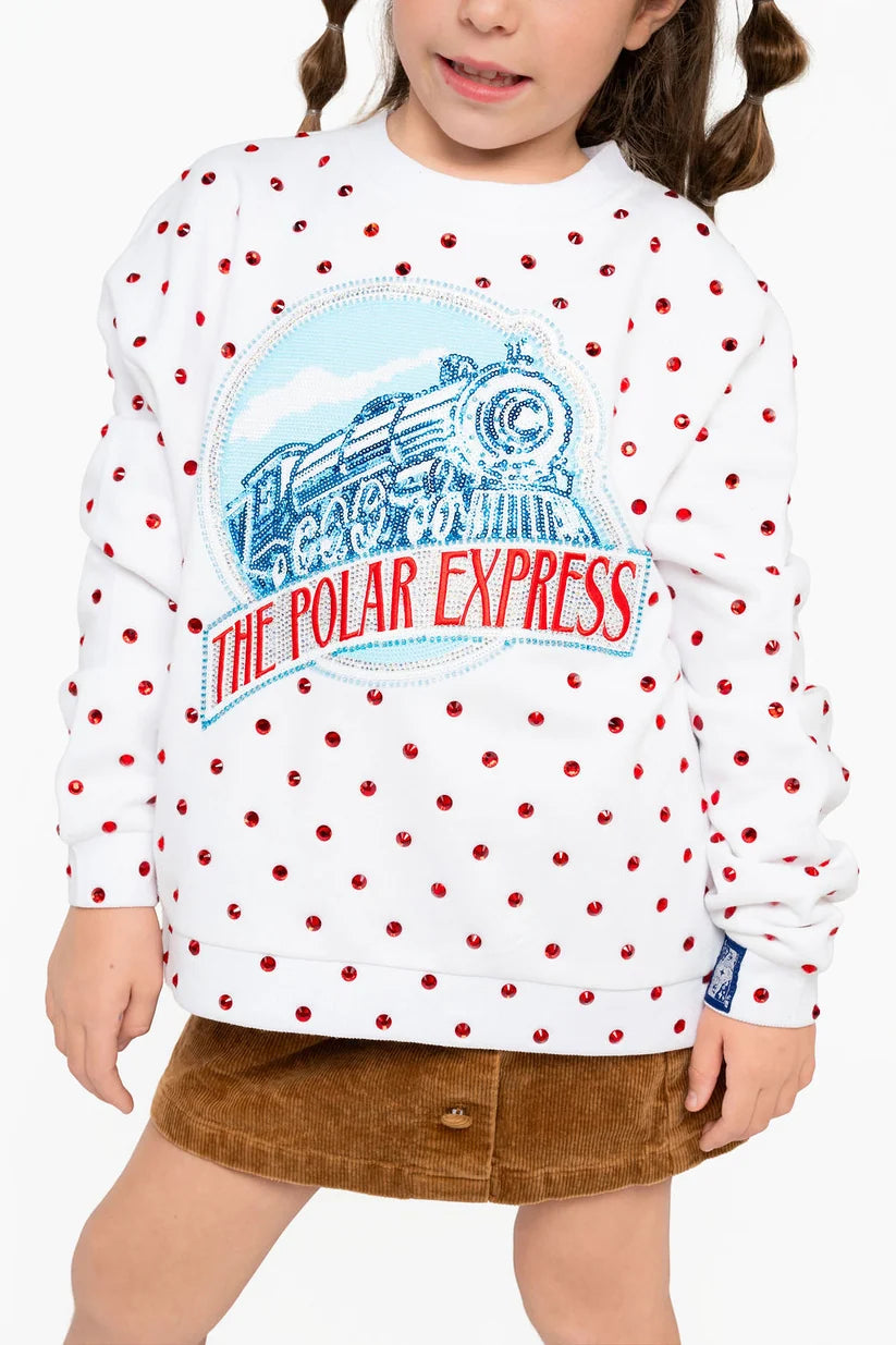 Licensed Kids White Scattered Rhinestone Sequin, Rhinestone & Beaded Polar Express Sweatshirt | Queen of Sparkles