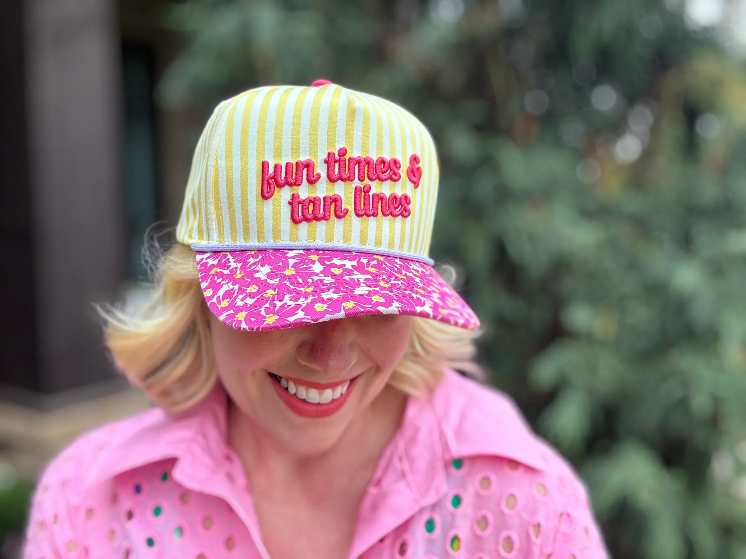 "Fun Times & Tan Lines" Embroidered Baseball Cap — Yellow