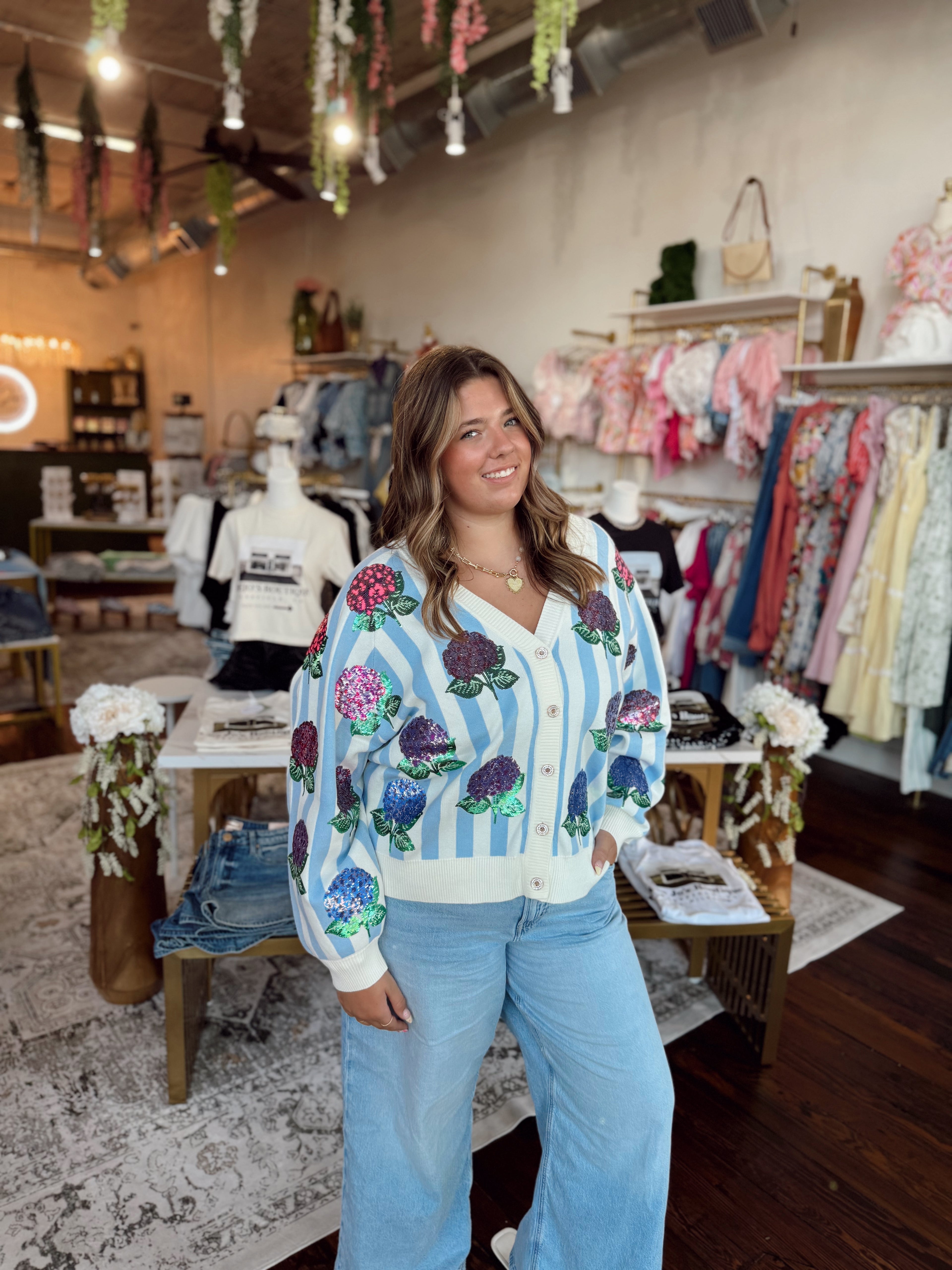 Blue & White Striped Hibiscus Cardigan | Queen of Sparkles | PLUS SIZE AVAILABLE