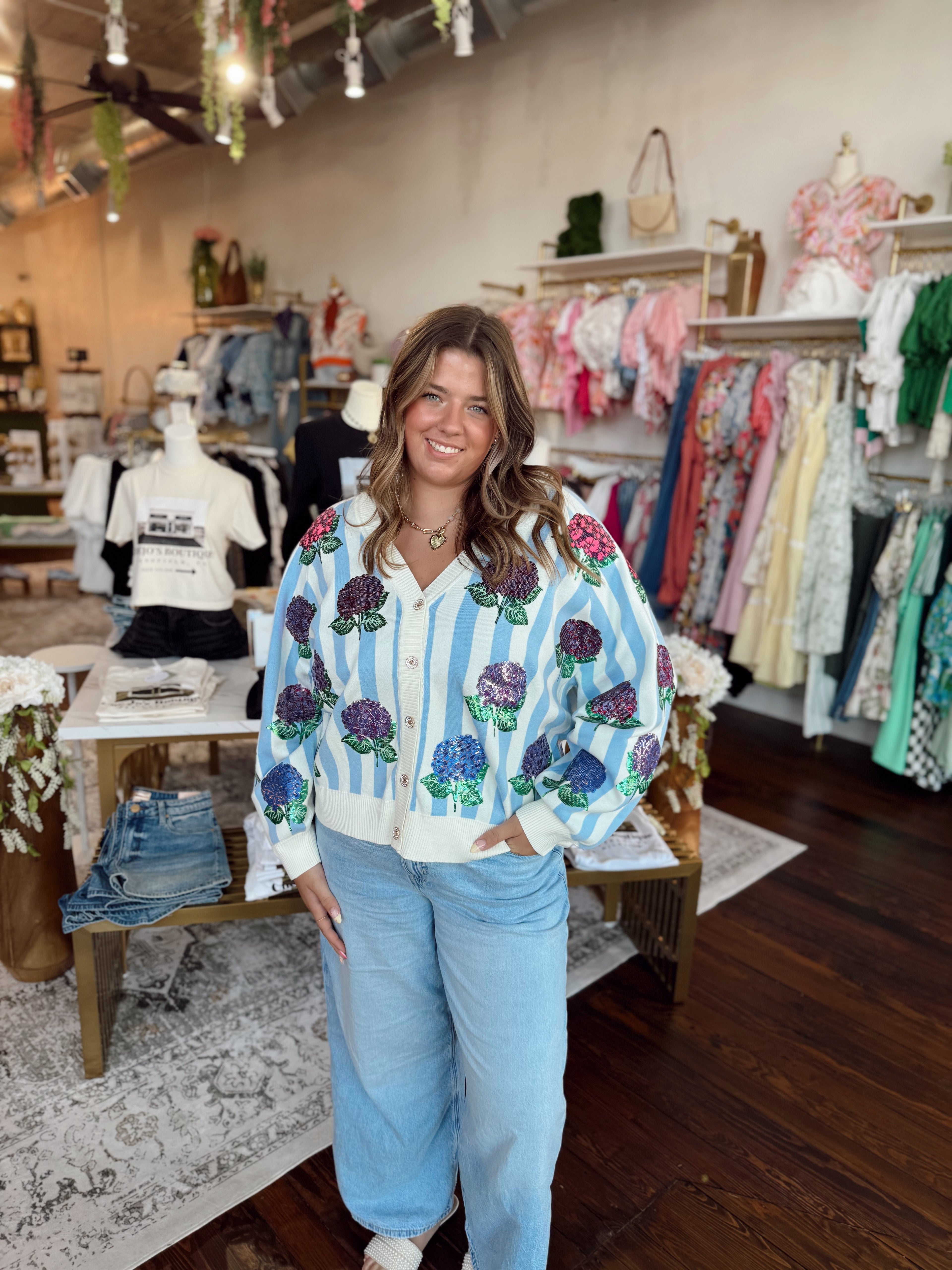 Blue & White Striped Hibiscus Cardigan | Queen of Sparkles | PLUS SIZE AVAILABLE