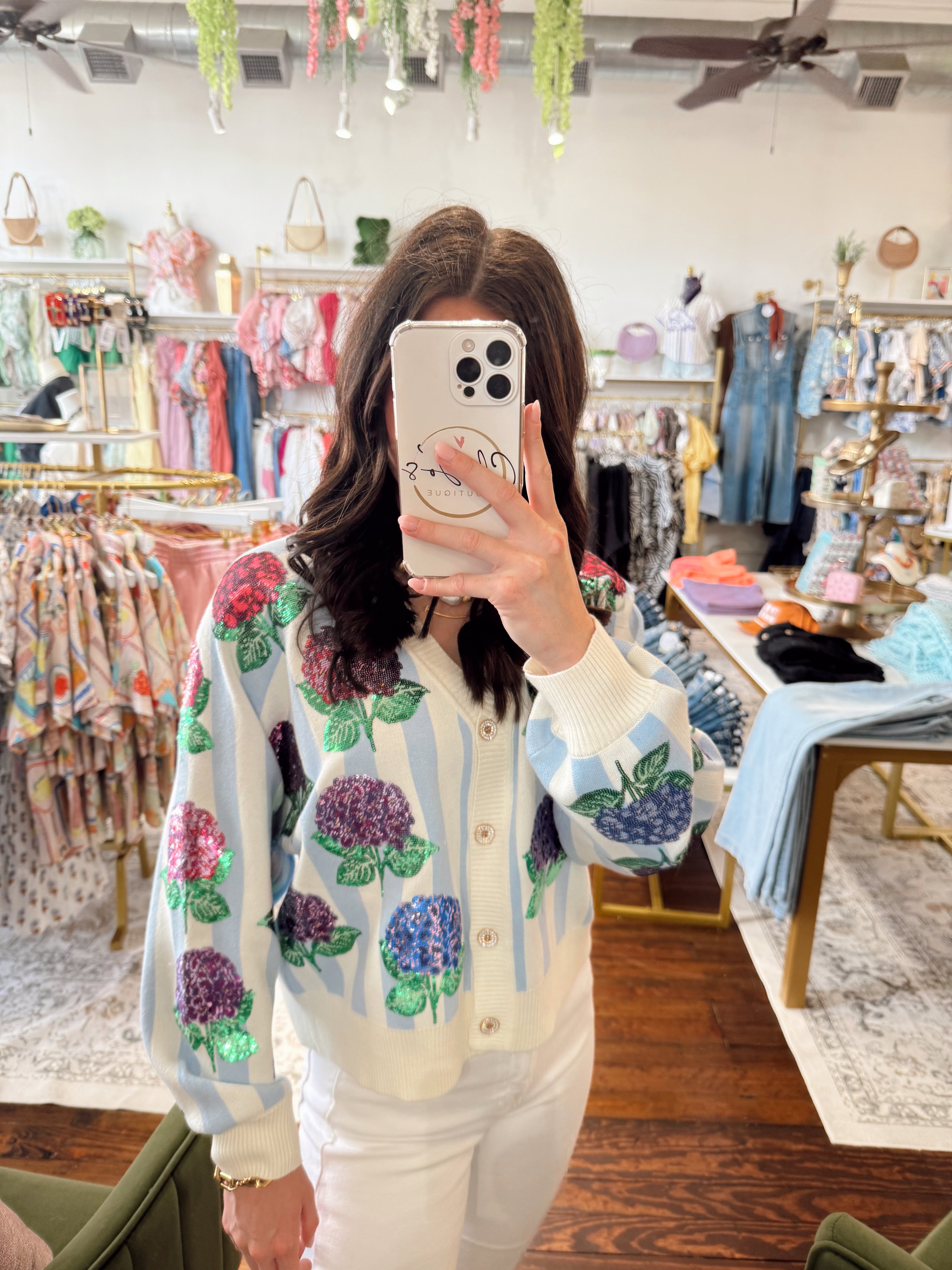 Blue & White Striped Hibiscus Cardigan | Queen of Sparkles | PLUS SIZE AVAILABLE