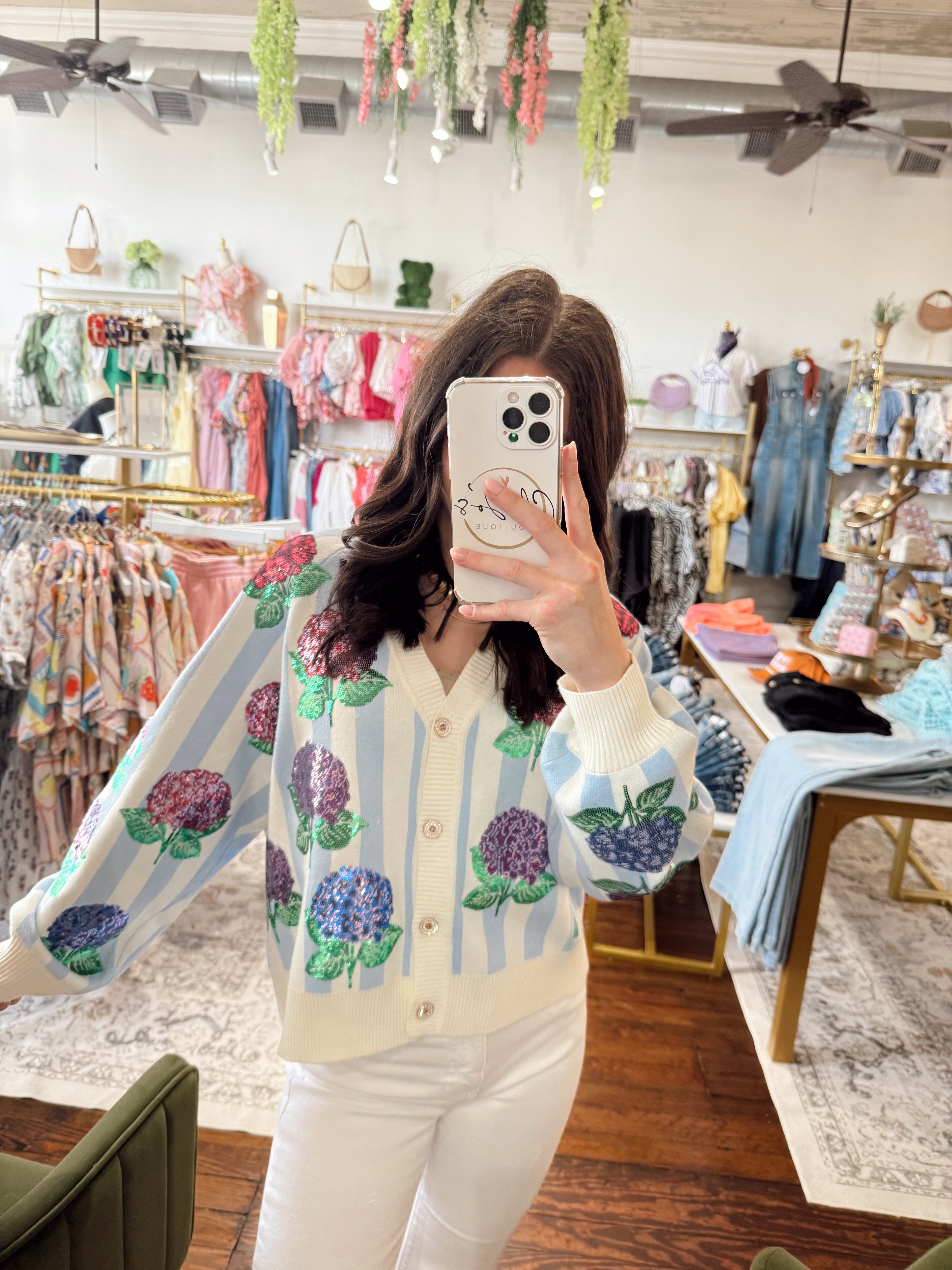 Blue & White Striped Hibiscus Cardigan | Queen of Sparkles | PLUS SIZE AVAILABLE