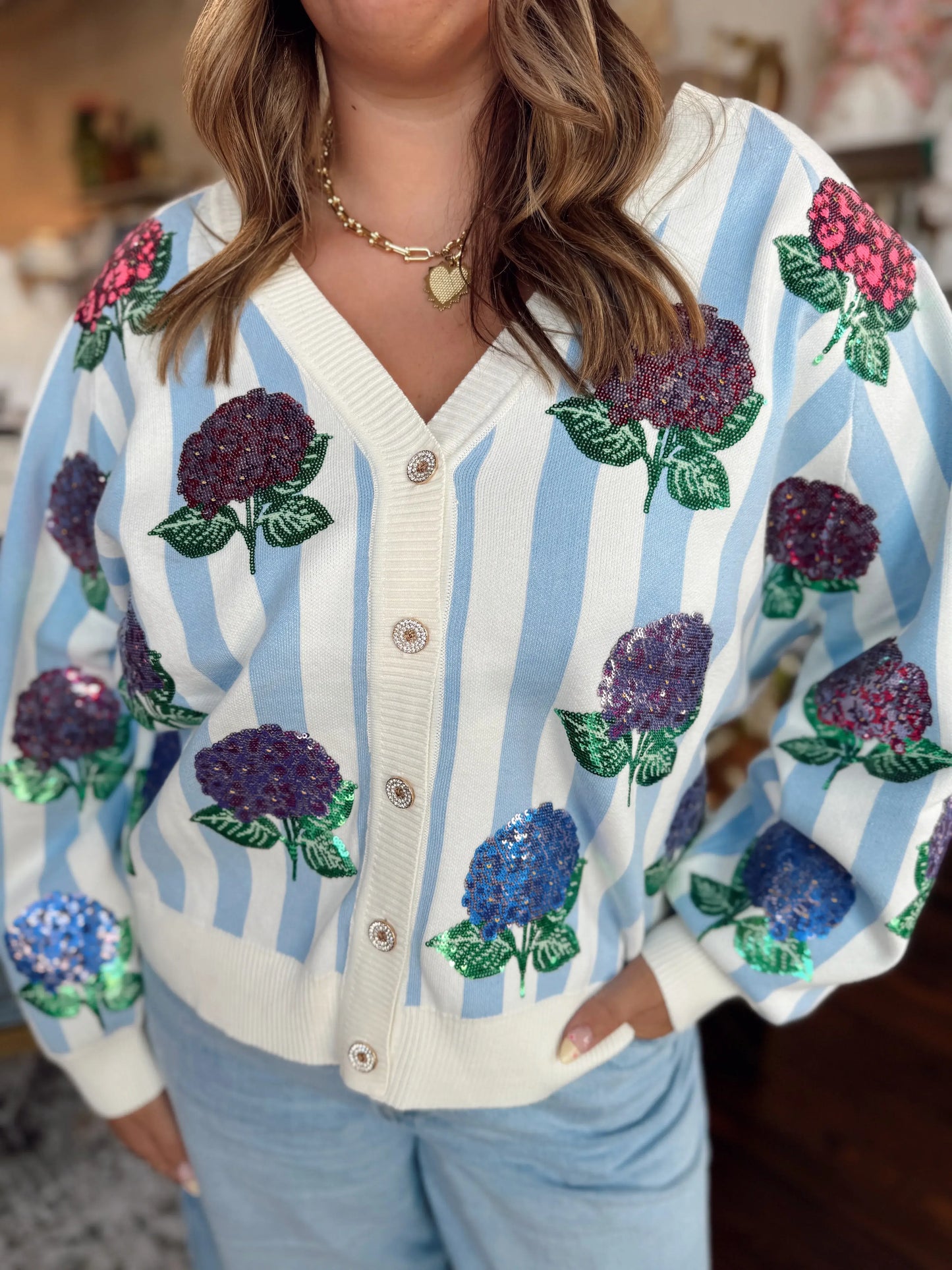 Blue & White Striped Hydrangea Cardigan | Queen of Sparkles | PLUS SIZE AVAILABLE