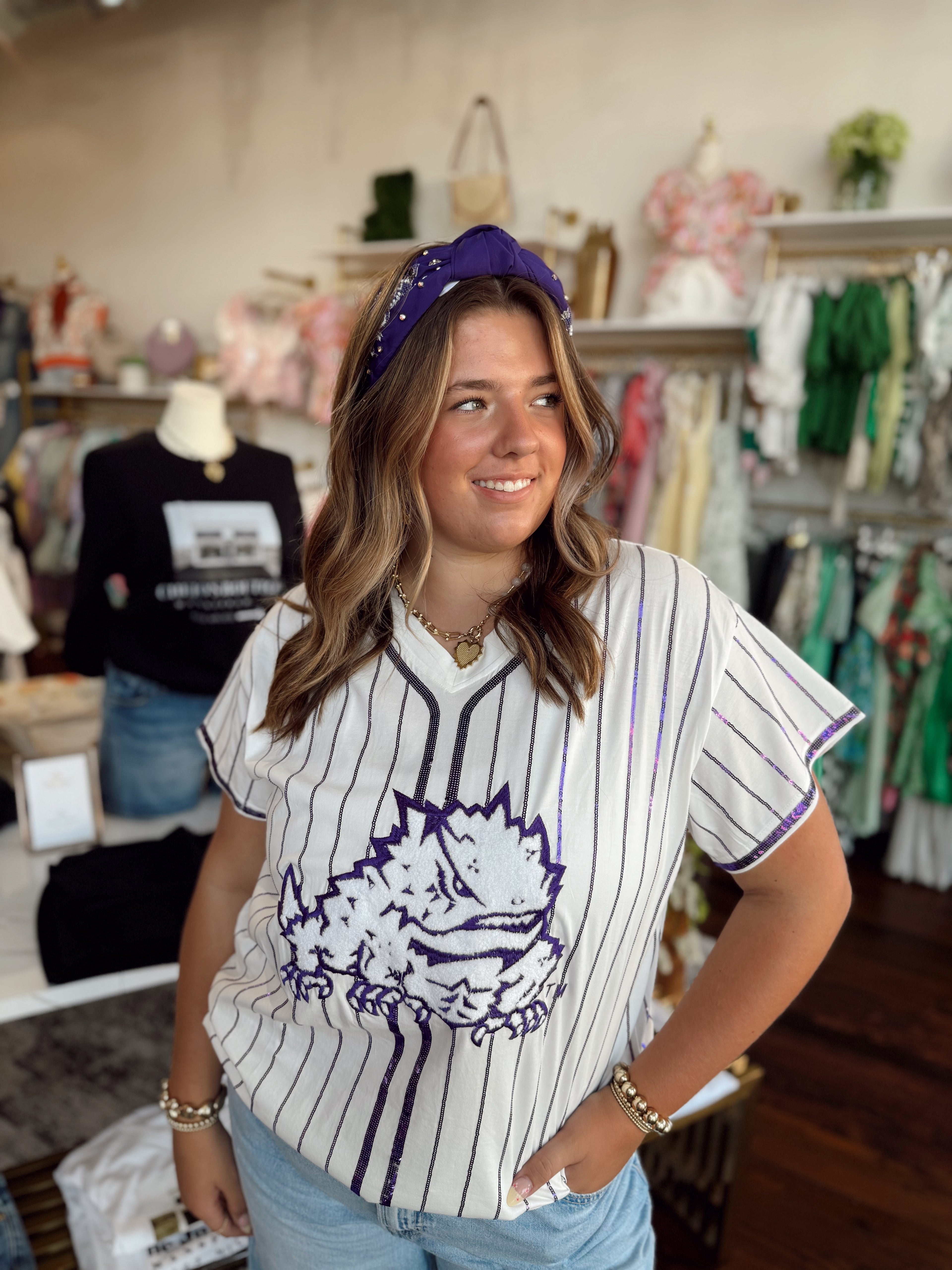 Licensed White & Purple Stripe TCU Frog Tee | Queen of Sparkles