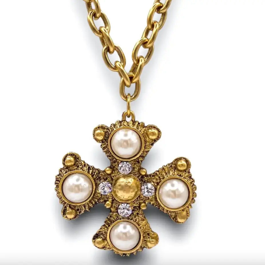 Versi Gilded Pearl Cross Pendant Necklace