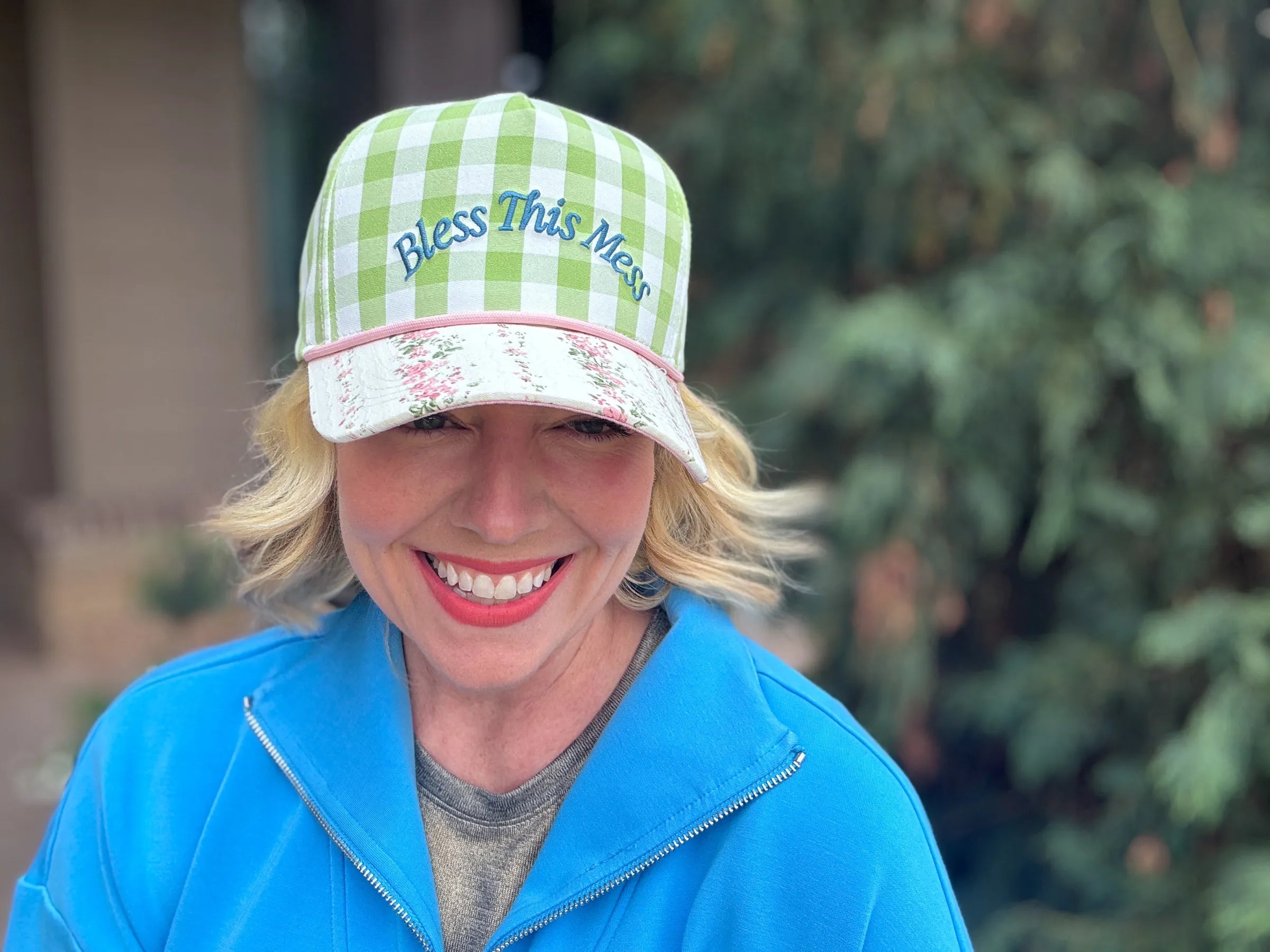 "Bless This Mess" Embroidered Baseball Cap — Green Gingham