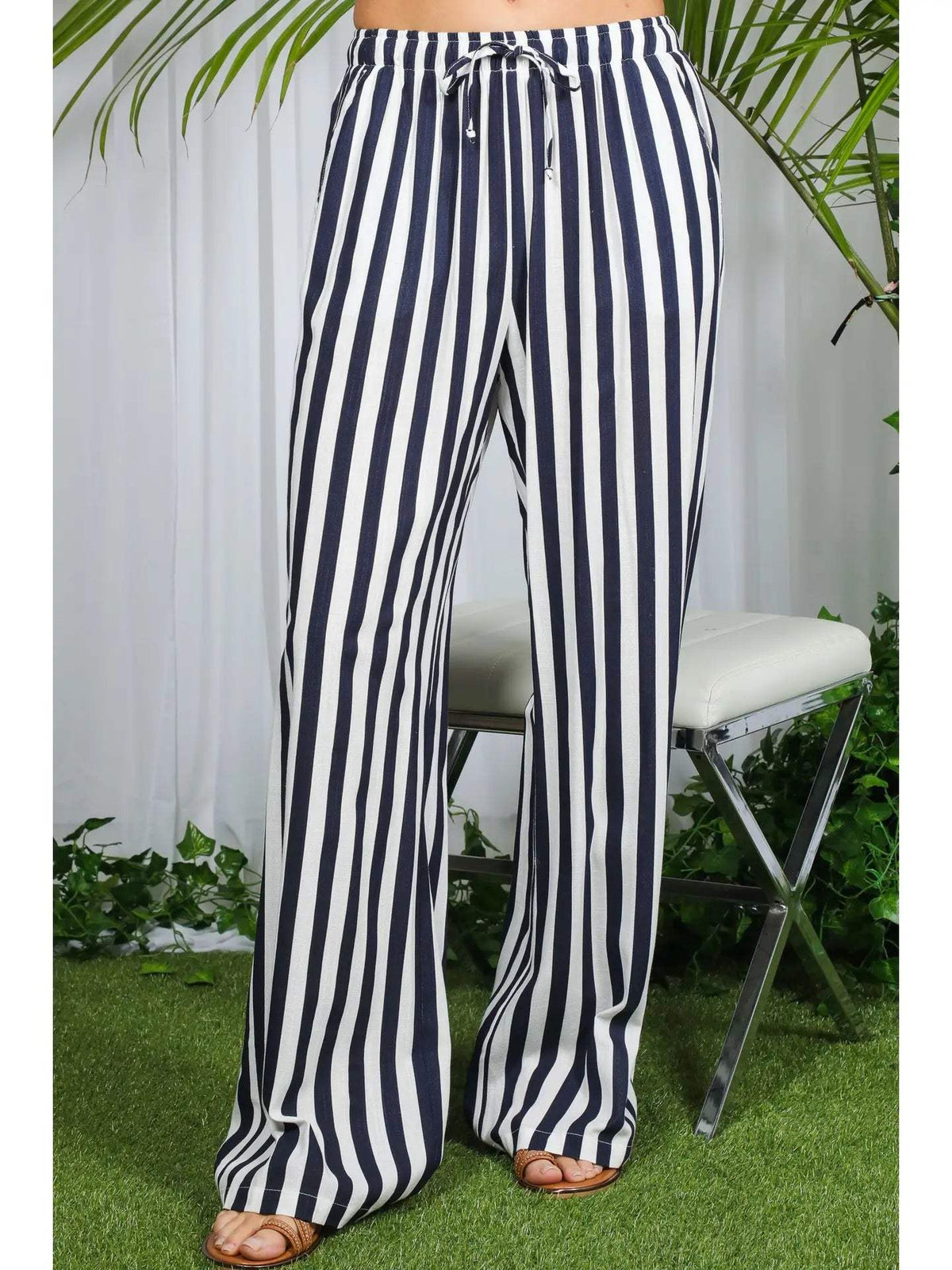 Stripe & Smocked High-Rise Trouser Pants