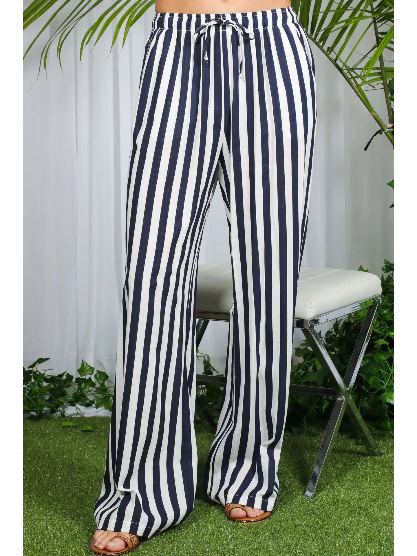 Stripe & Smocked High-Rise Trouser Pants