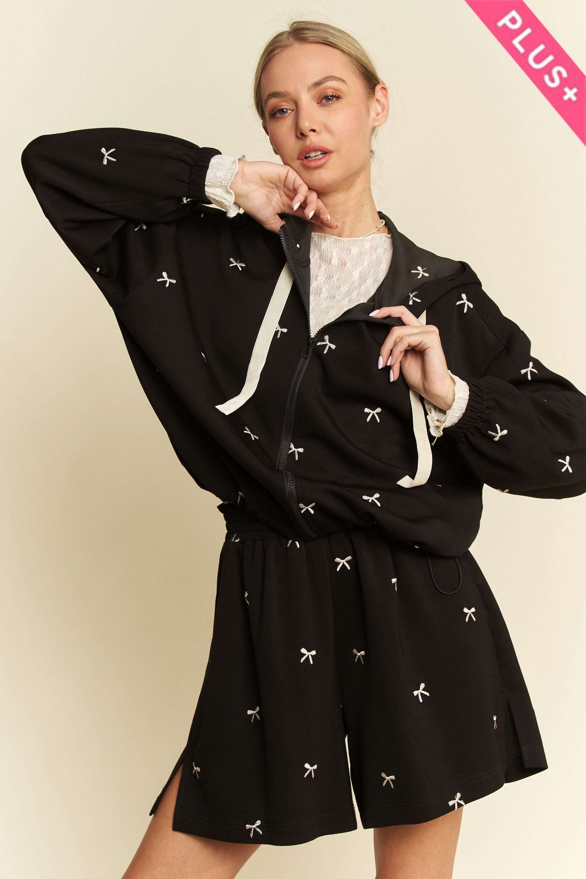 PLUS SIZE | Embroidered Bow Zip Up Hoodie Jacket