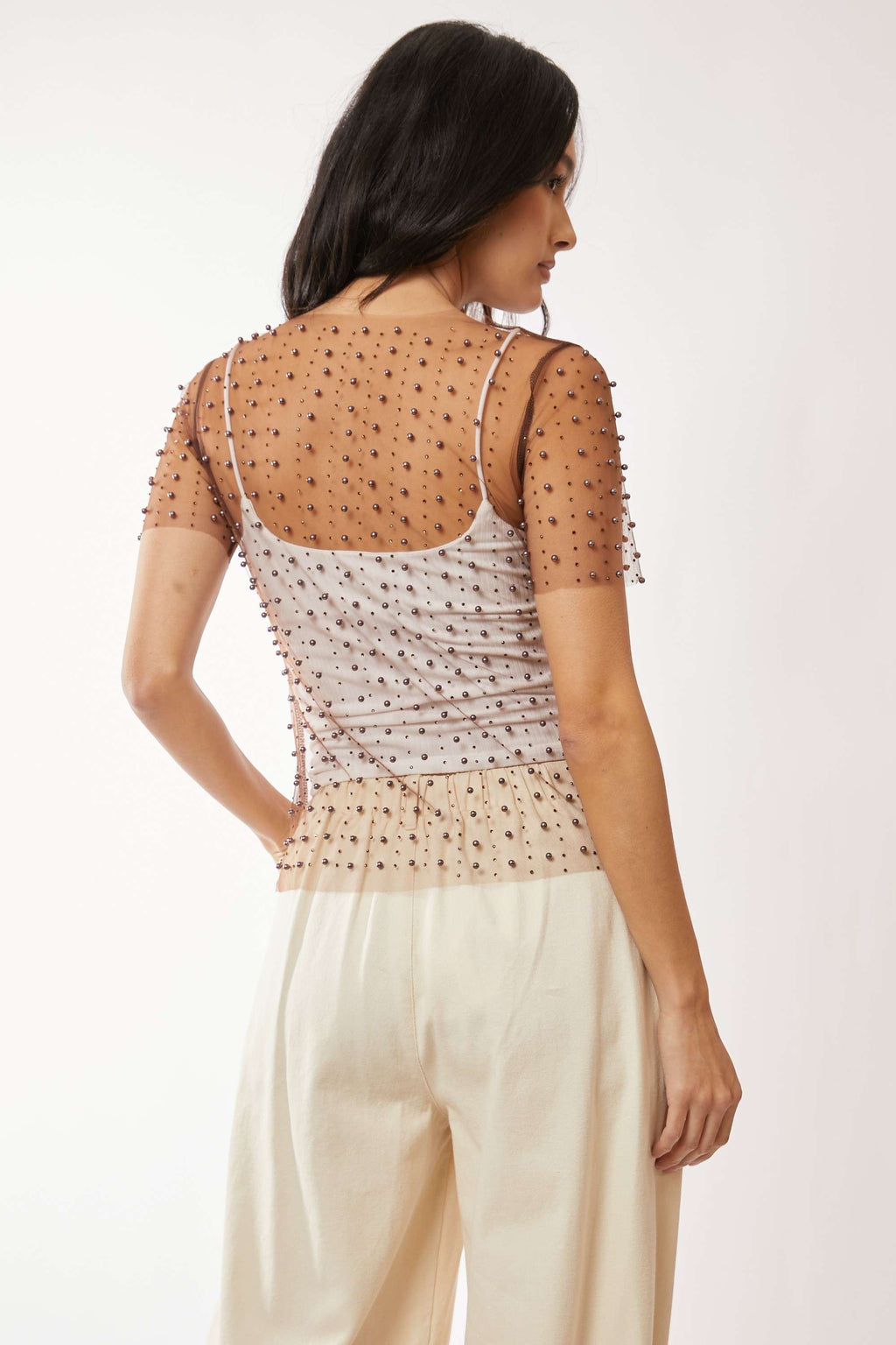 Remi Beaded Pearl Mesh Top