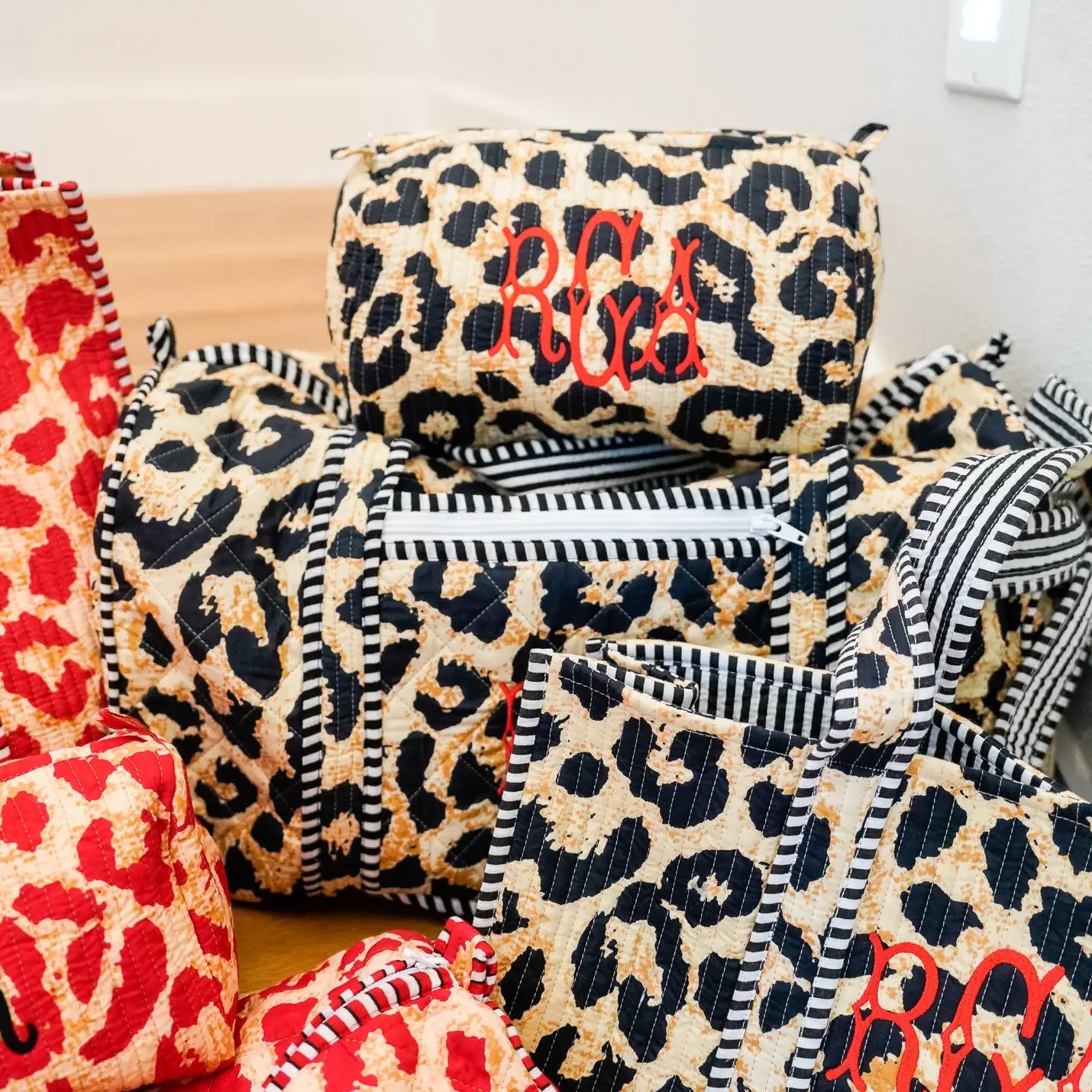 Quilted Block Print Leopard Duffel Bag